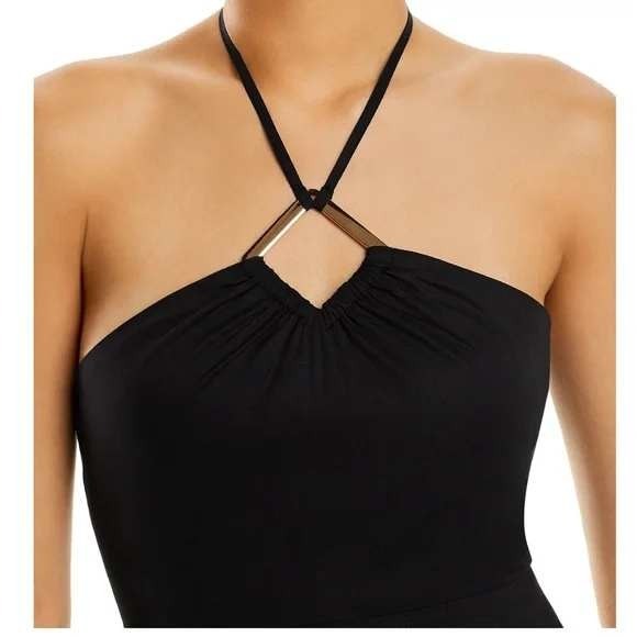 AQUA Bloomingdales Black Cotton Halter Maxi‎ Dress Tiered Sundress Size XL NWT - Picture 3 of 9